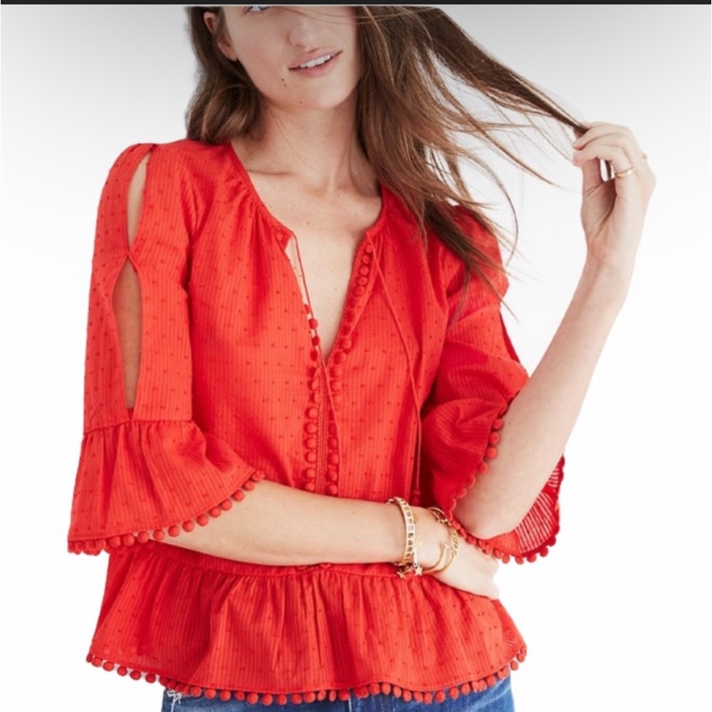 Madewell xs red light weight peplum blouse with slit detail half sleeve